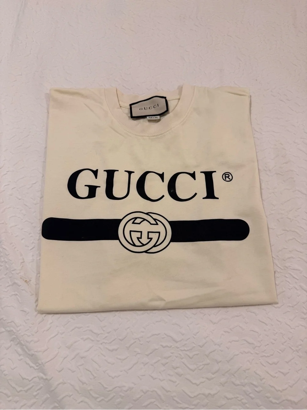 Gucci Cream Short-Sleeve Logo Tee with Black Print